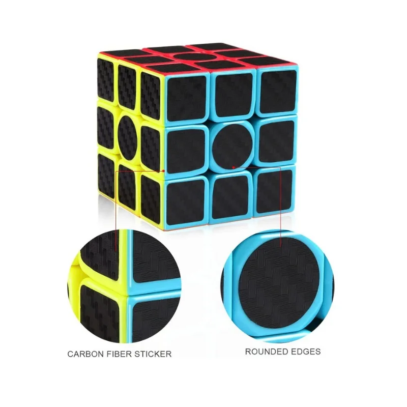 Macro close-up of rounded safety edges and circular center cap mechanism on a carbon fiber 3x3 cube