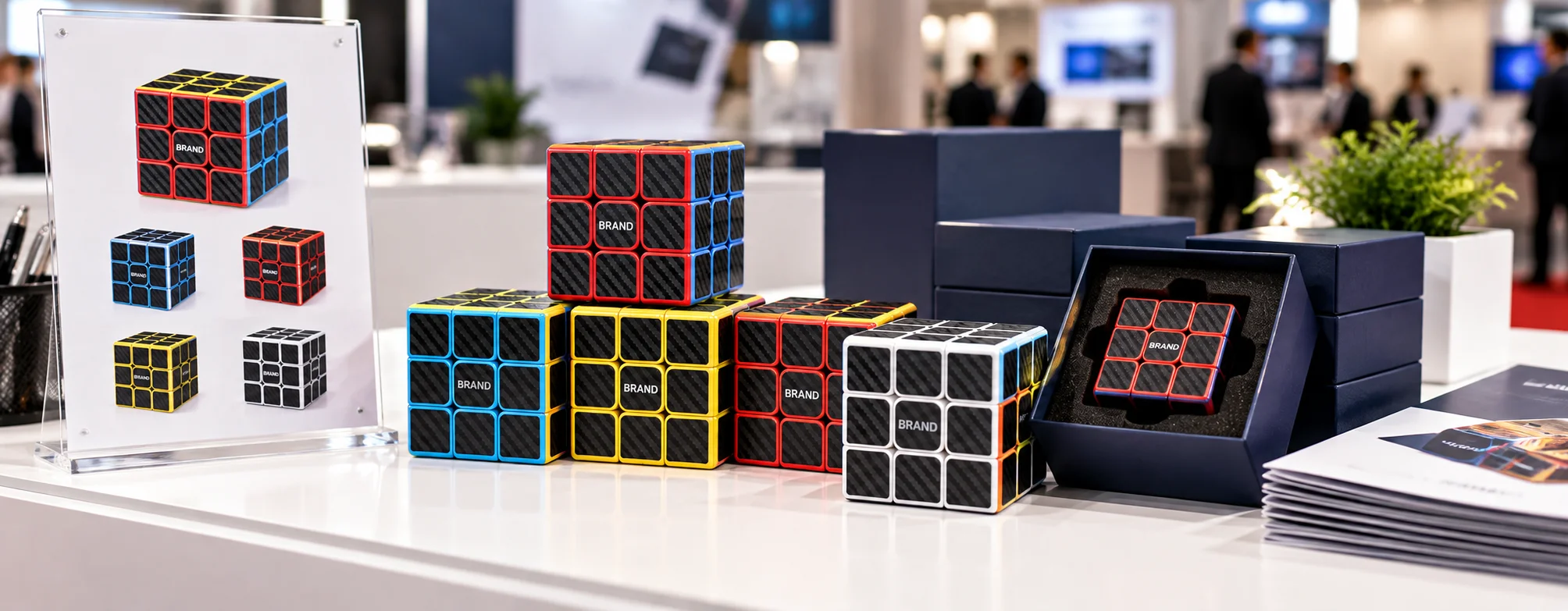 Display of carbon fiber 3x3 cubes arranged as executive promotional gifts at a trade show booth
