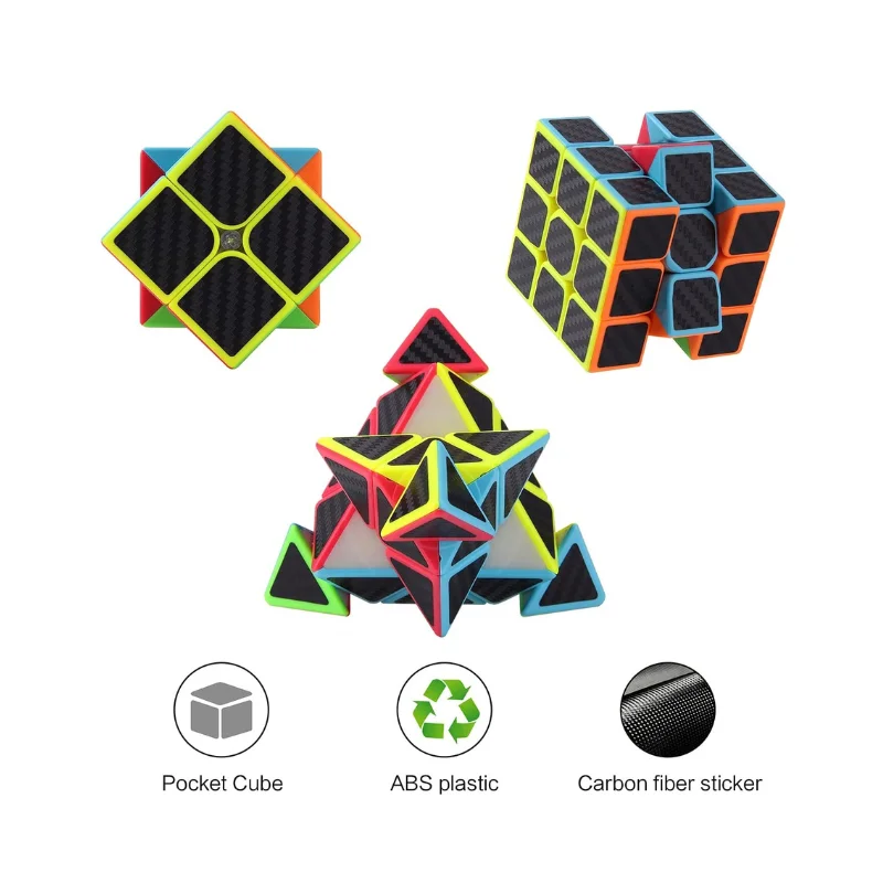 Product lineup graphic featuring carbon fiber 3x3 cube, pyramid, and 2x2 with feature icons