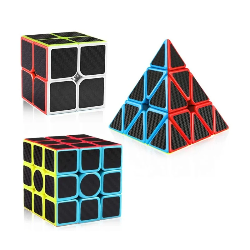 Carbon fiber pyramid 3x3 hero view displaying textured black finish and multi-colored faces on a clean surface