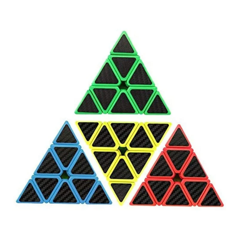 Carbon fiber pyramid 3x3 speed cube displayed with blue and red base accent configurations