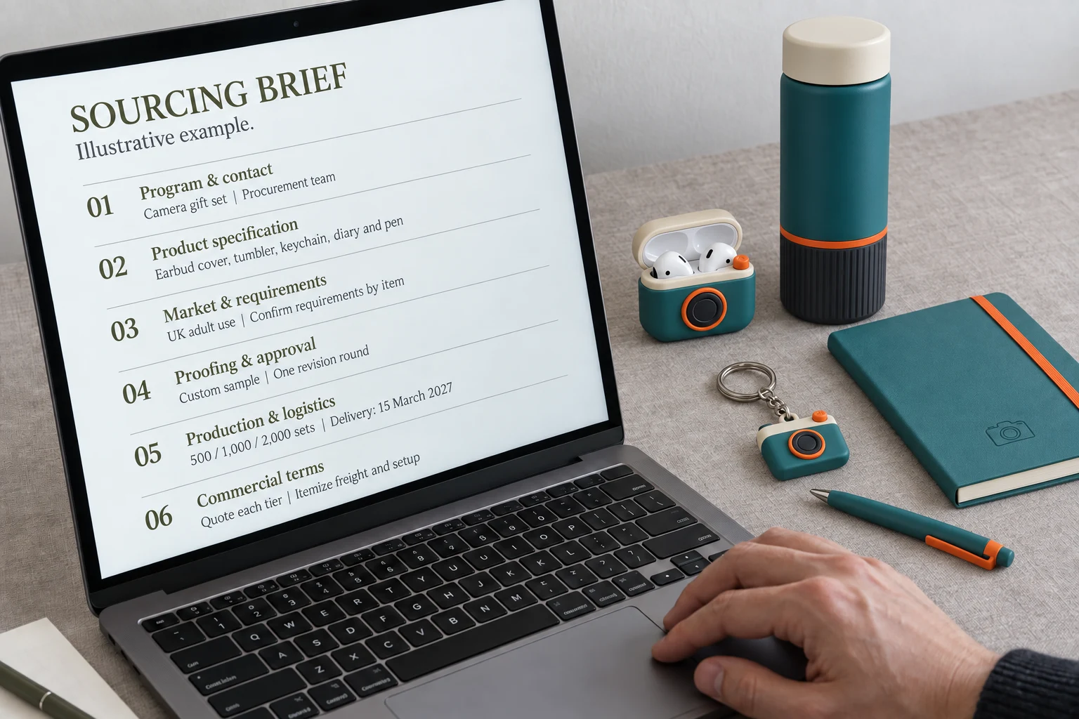 Laptop displaying a completed sourcing brief beside coordinated teal camera-inspired promotional products.
