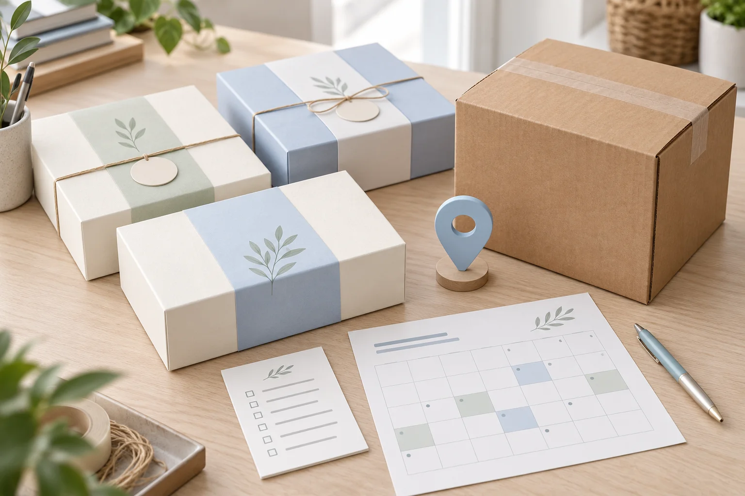 Corporate gift sets prepared with delivery destination and date-planning information