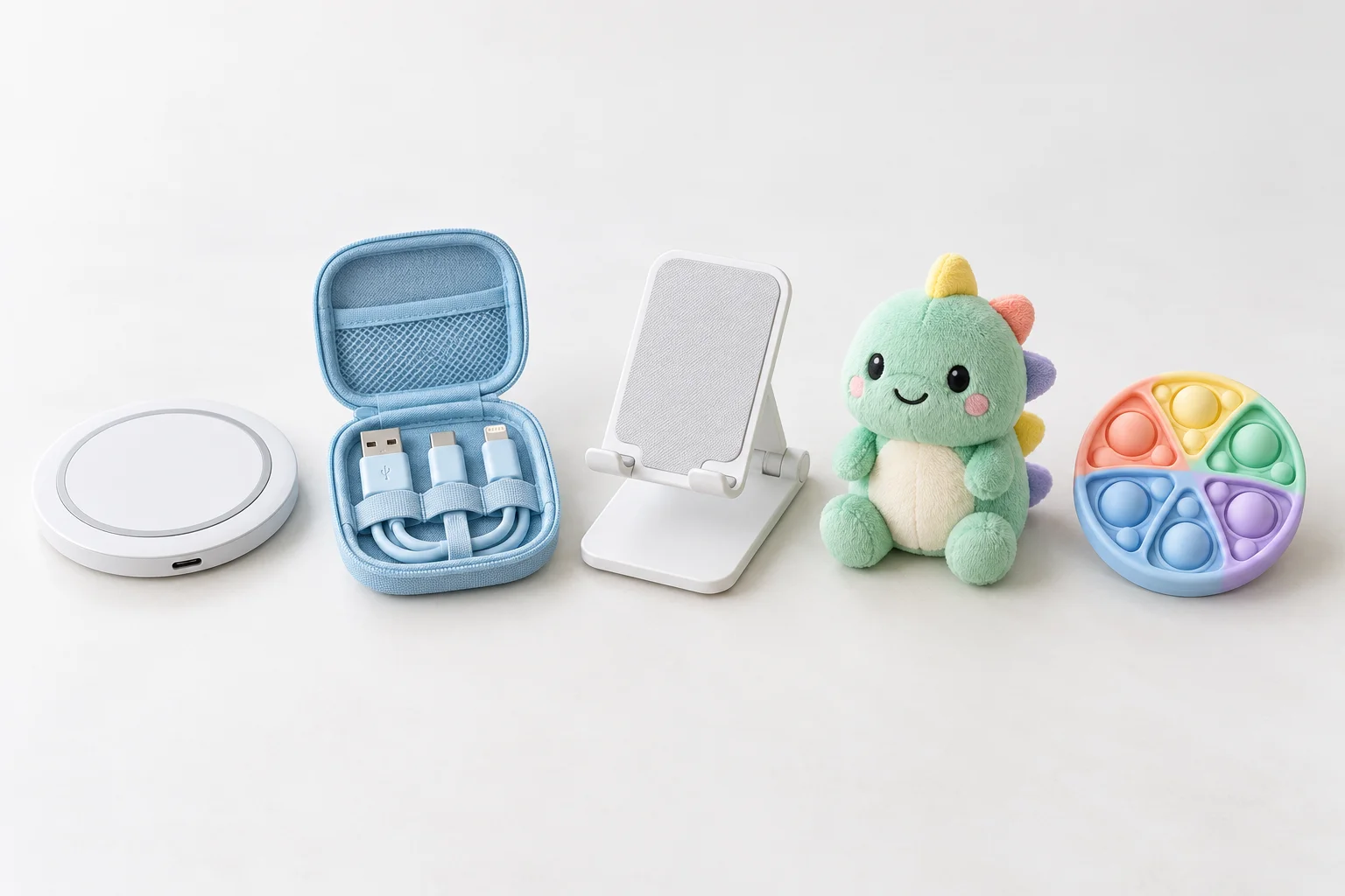 Promotional electronics, mobile accessories, plush and fidget products compared for corporate gifting