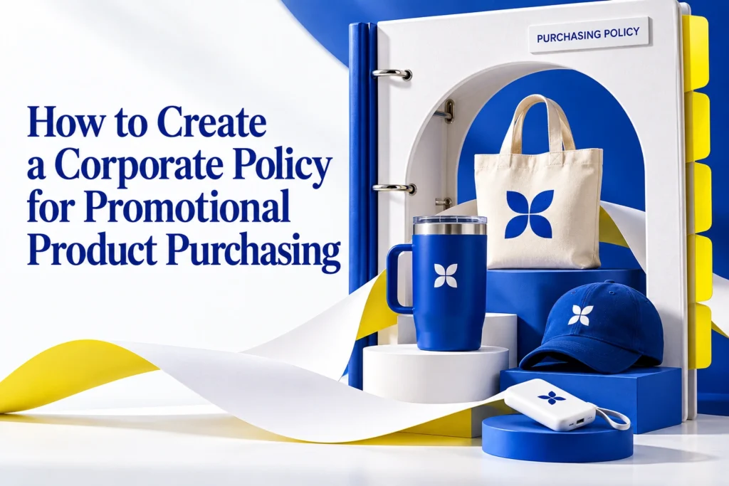Title graphic reading How to Create a Corporate Policy for Promotional Product Purchasing alongside an open binder and branded merchandise.