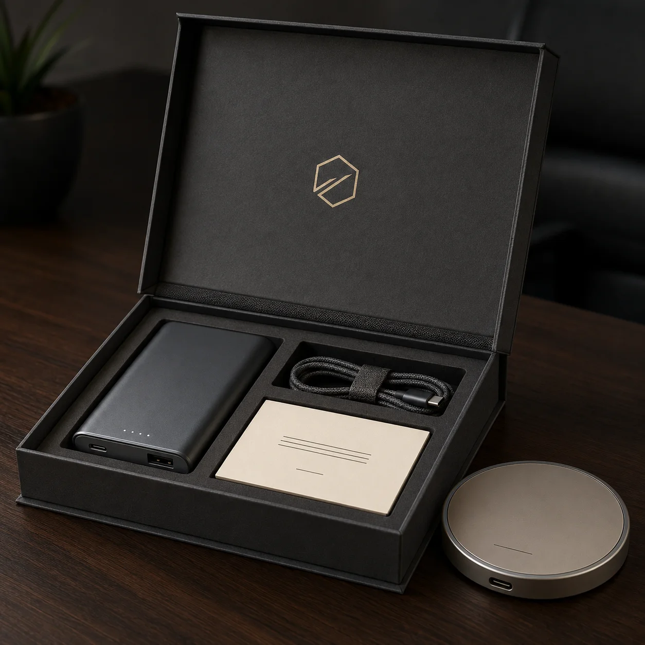 Corporate tech gift set with power bank, wireless charger, cable and fitted presentation box