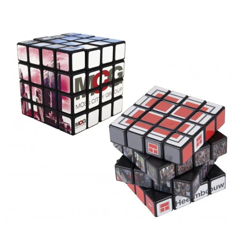 Multi-angle view of a custom 4x4 rubiks cube showing detailed 16-square grid printing on each face