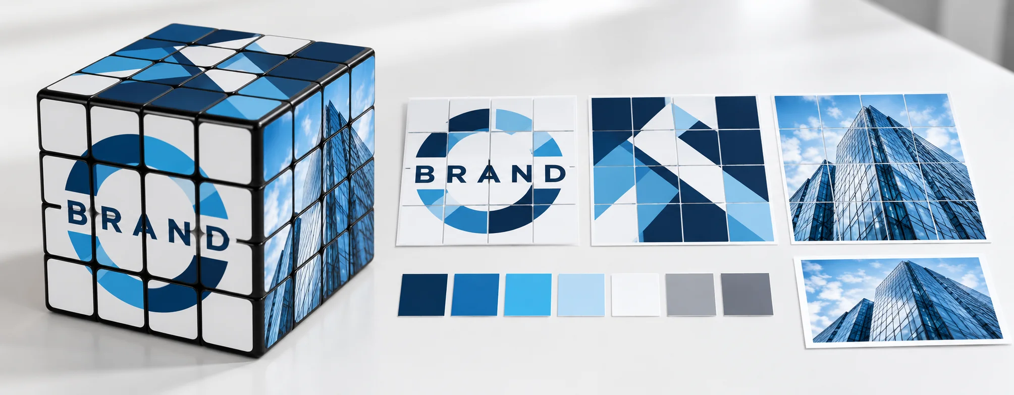 Customization and branding options showing vector templates next to a custom 4x4 rubiks cube
