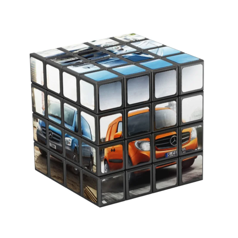 Custom 4x4 rubiks cube featuring high-end corporate automotive branding and multi-image layouts