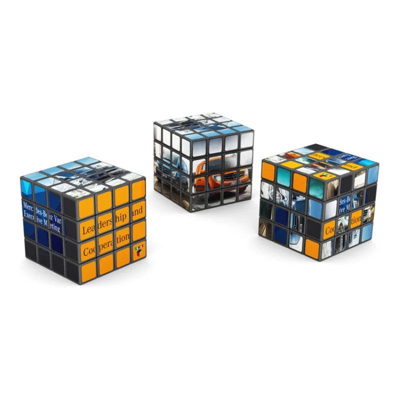 Custom 4x4 rubiks cube hero view displaying full-color corporate branding and multi-panel graphics on a clean surface