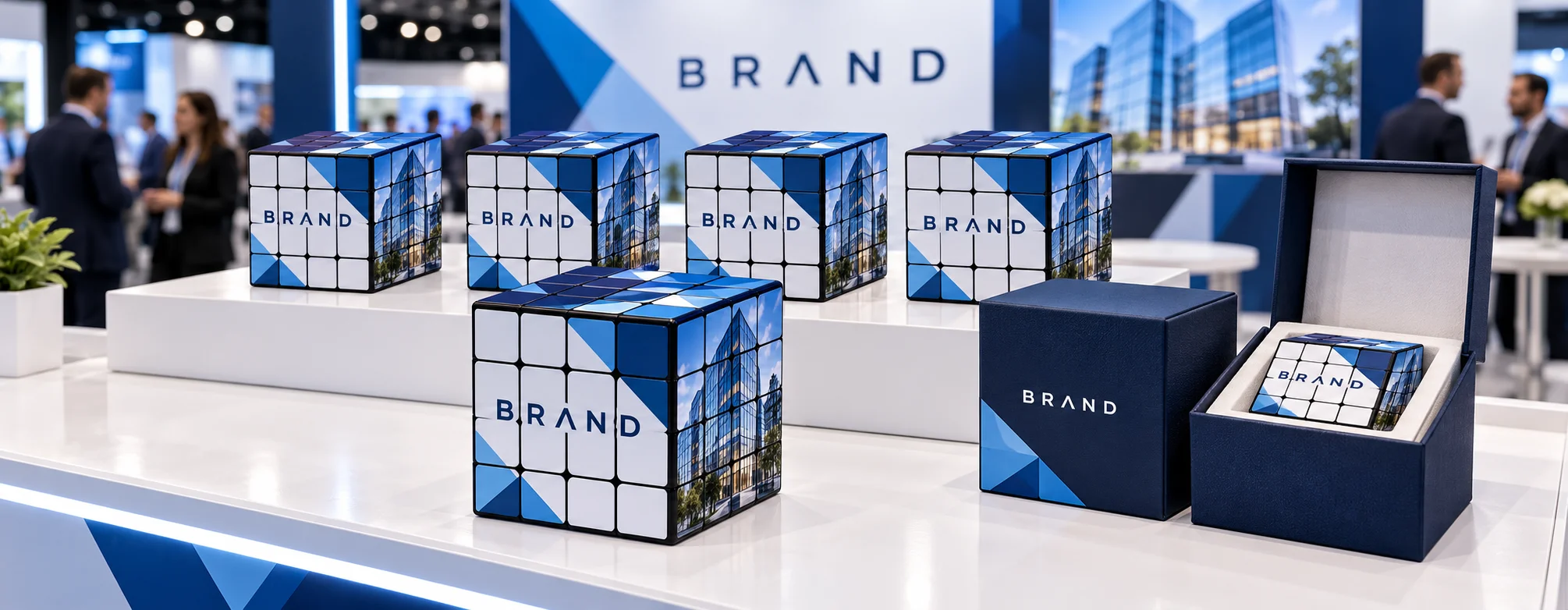 Display of custom 4x4 rubiks cubes arranged as executive promotional gifts at a trade show booth
