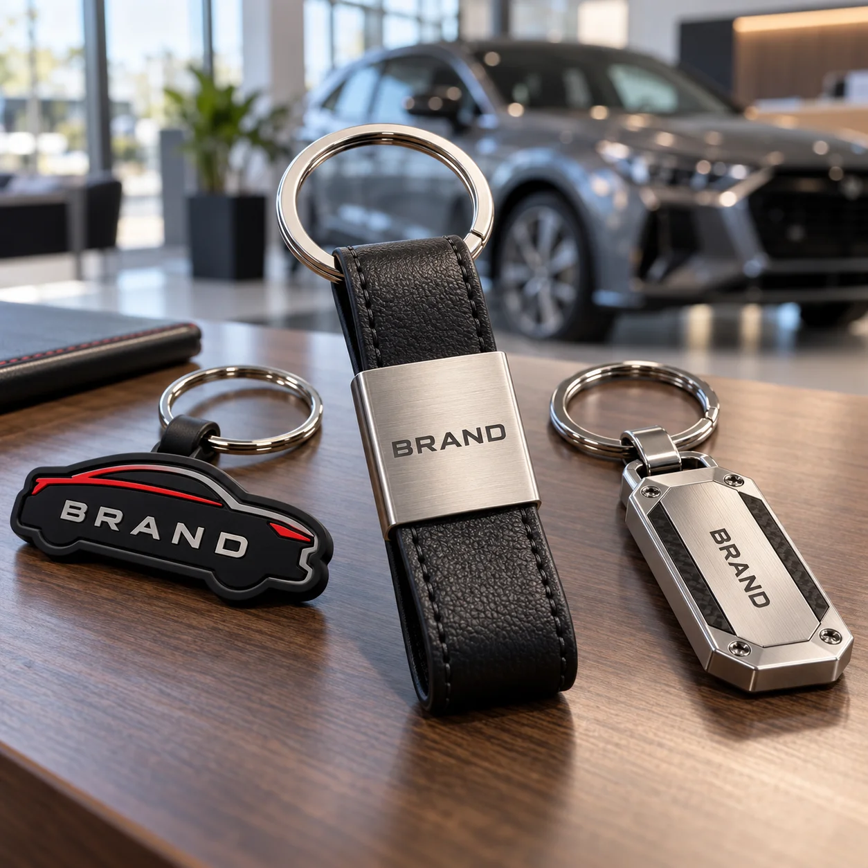 Custom branded car keyrings displayed at a vehicle handover desk