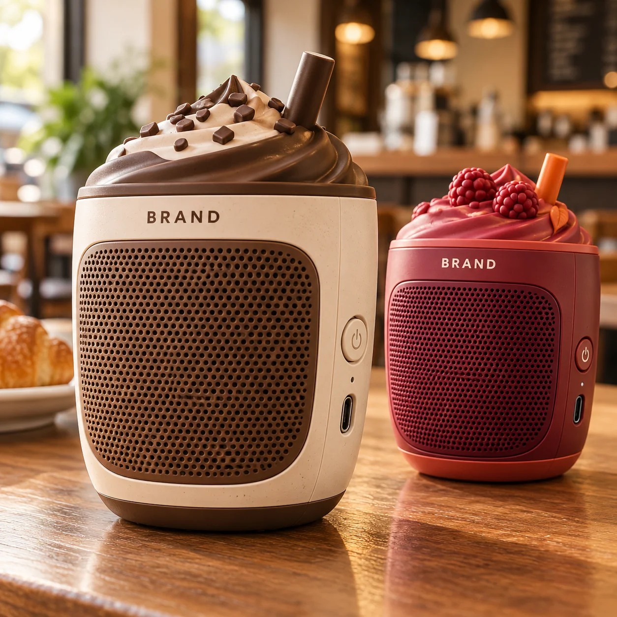 Branded beverage-inspired Bluetooth speakers with visible speaker grilles