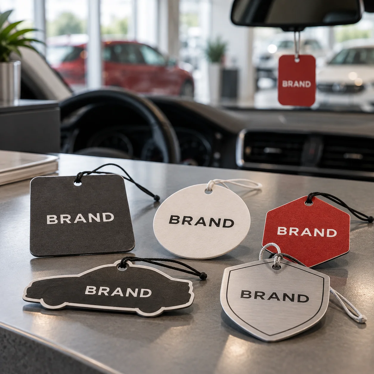 Custom branded car air fresheners at an automotive service counter