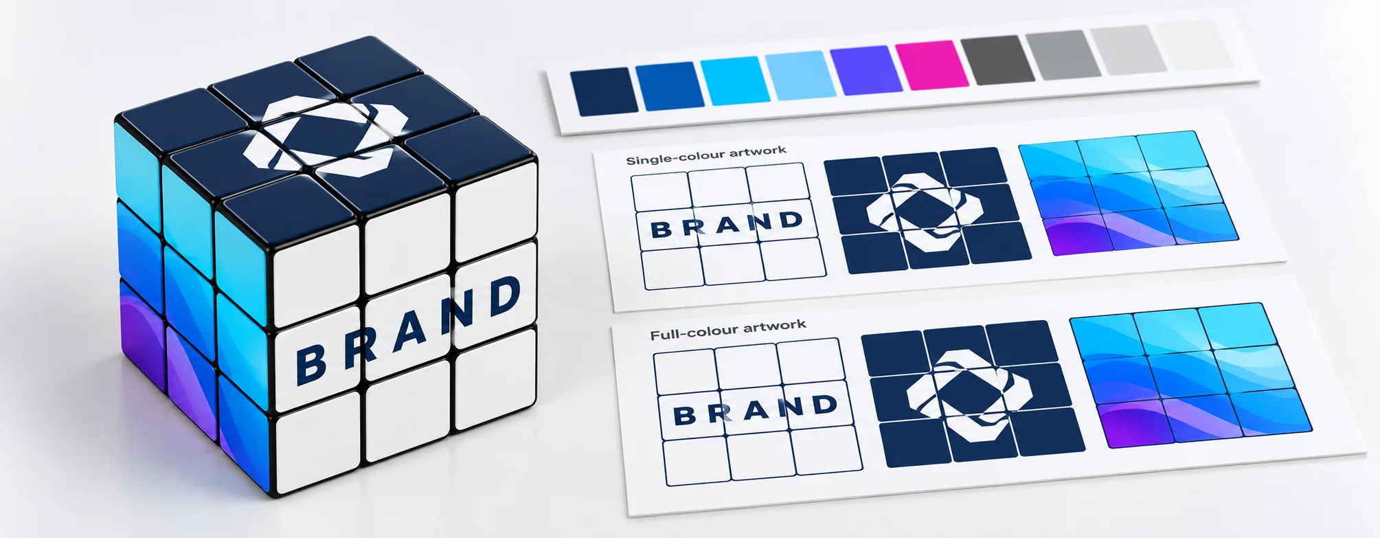 Custom branding options showing digital printing swatches next to a custom promotional 3x3 rubiks cube 