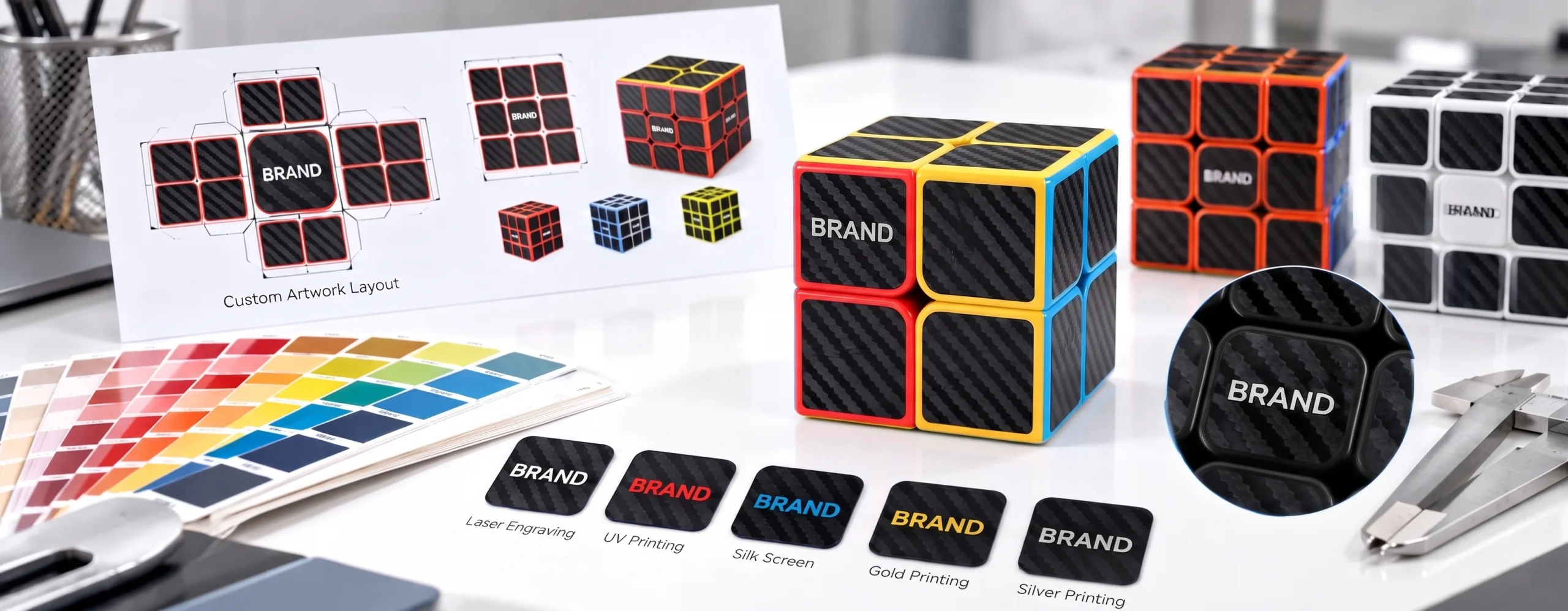 Customization and branding options showing vector templates next to a carbon fiber 2x2 cube