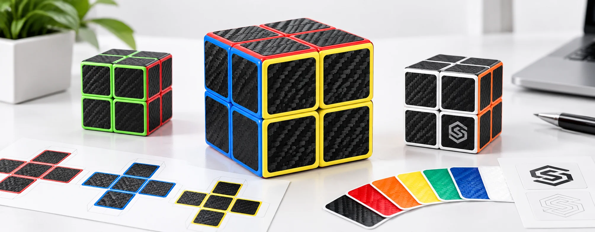 Customization and branding options showing vector templates next to a carbon fiber 2x2 cube