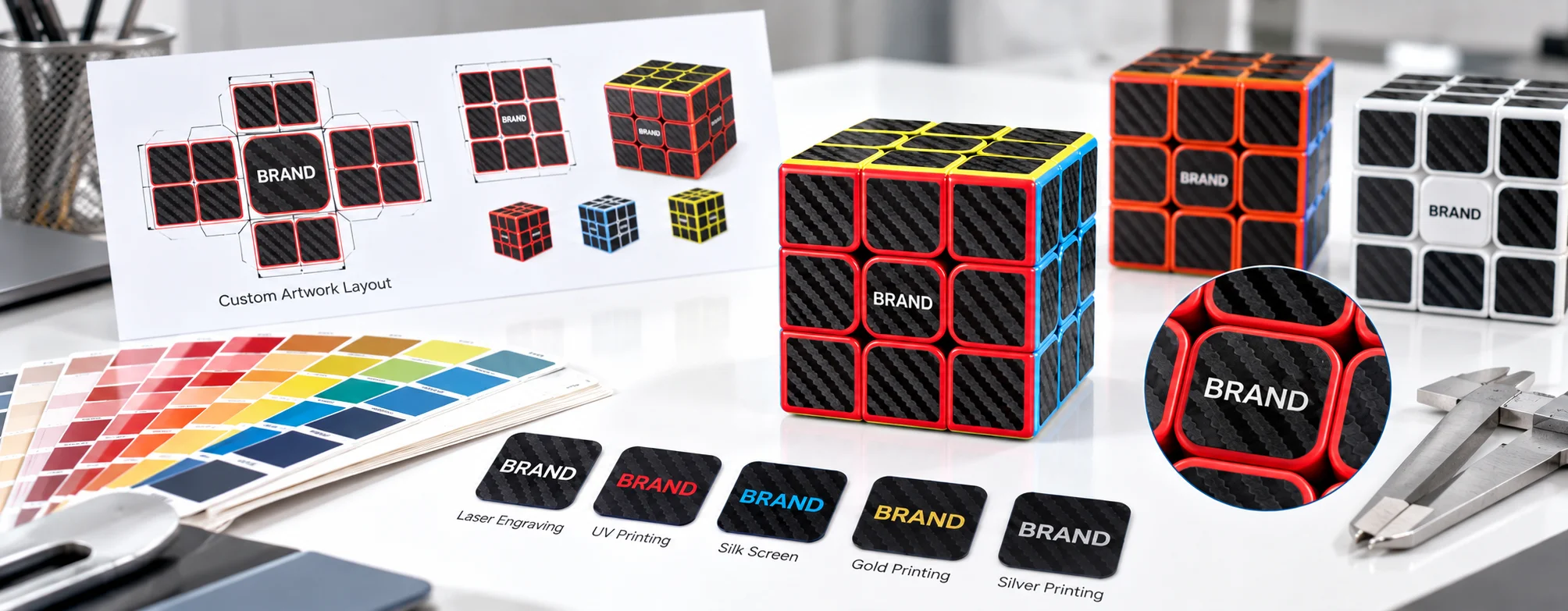 Customization and branding options showing vector templates next to a carbon fiber 3x3 cube
