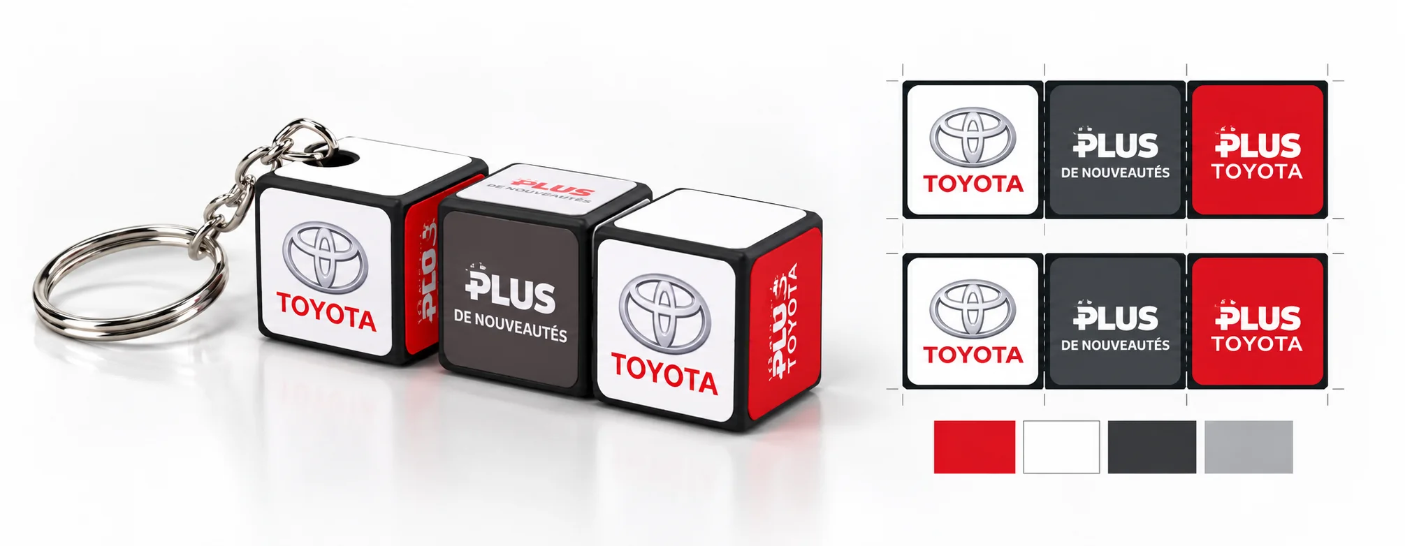  Customization and branding options showing graphic layout templates next to a custom folding block keychain
