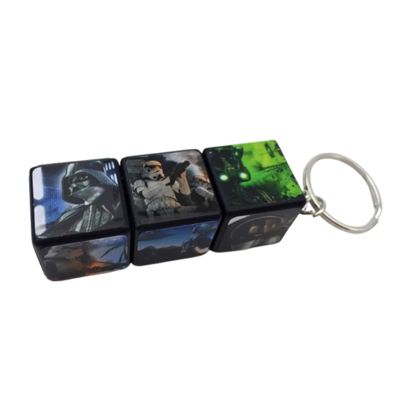 Person holding a custom folding block keychain demonstrating the folding strip movement and metal keyring