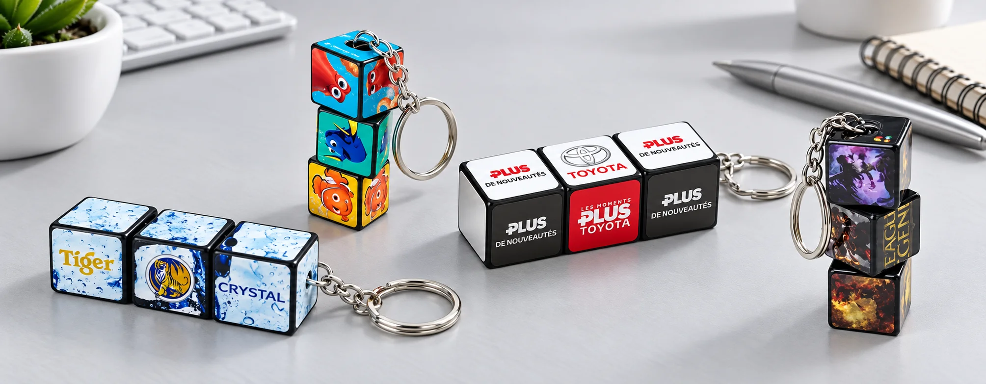 Wide introduction banner showing a custom folding block keychain on a minimalist desk
