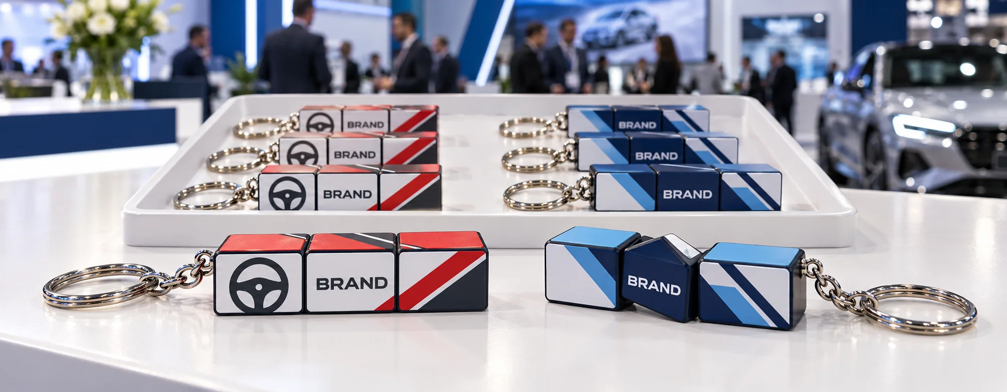 Display of custom folding block keychains arranged for promotional giveaways at a trade show booth
