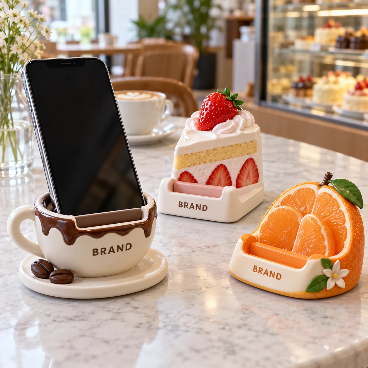 Cup-shaped branded phone stand holding a smartphone on a café table