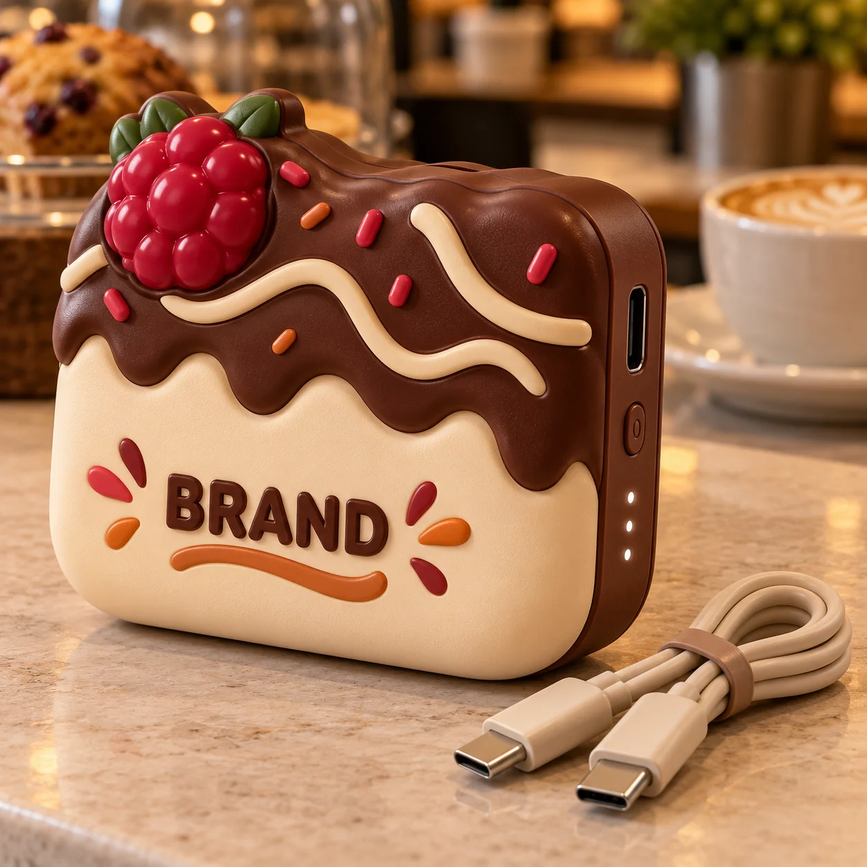 Branded food-themed power bank with visible charging port on a café counter