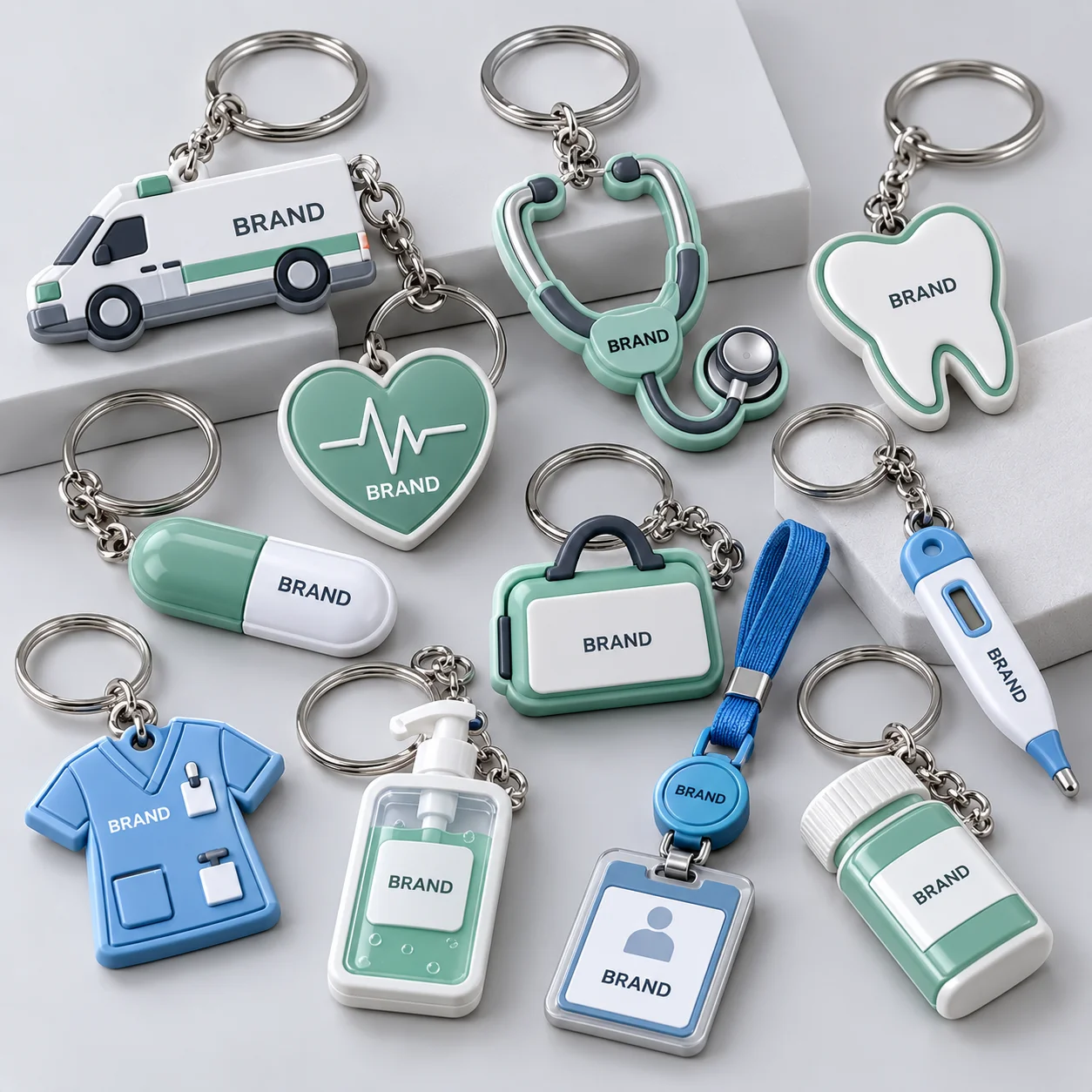 Custom healthcare PVC and metal keychains in medical-themed shapes