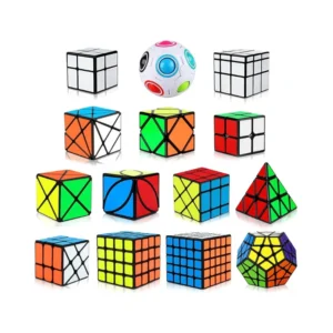 Custom irregular speed cube set hero view displaying all 9 unique shape mod puzzles on a clean surface
