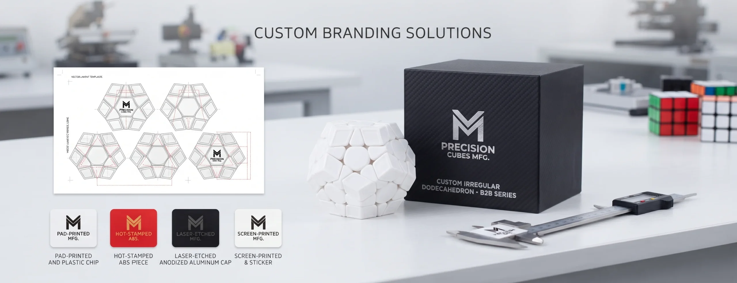 Customization and branding options showing vector templates next to an irregular speed cube set