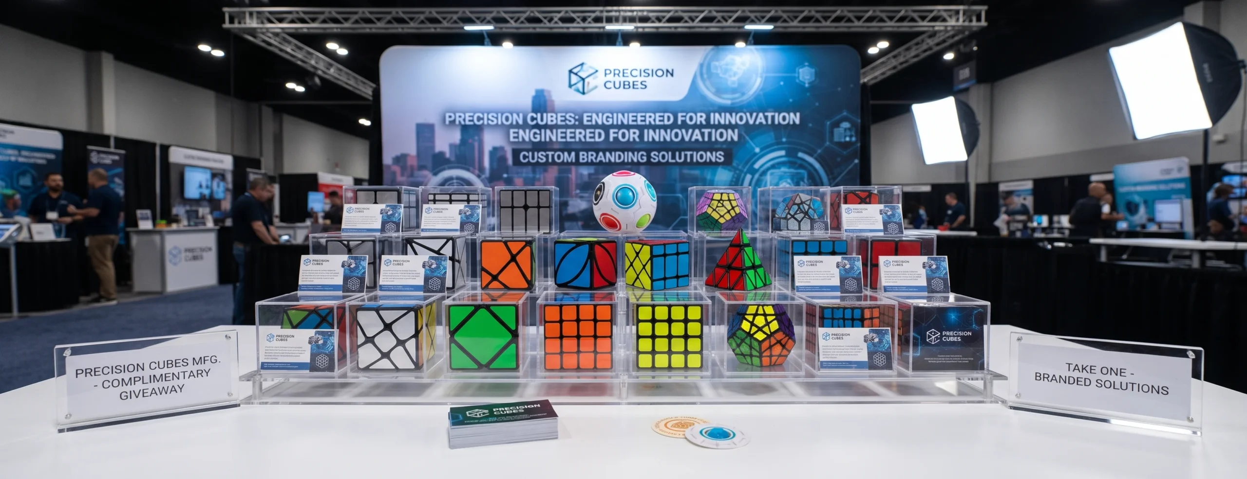 Display of custom irregular speed cube sets arranged as promotional gifts at a trade show booth
