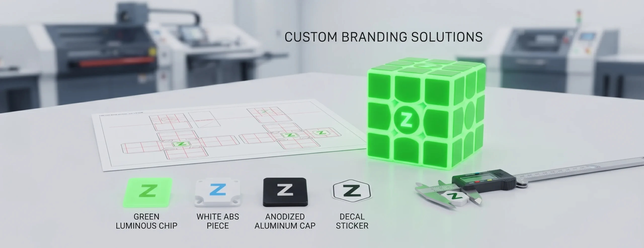 Customization and branding options showing vector templates next to a luminous glow in the dark rubiks cube 3x3