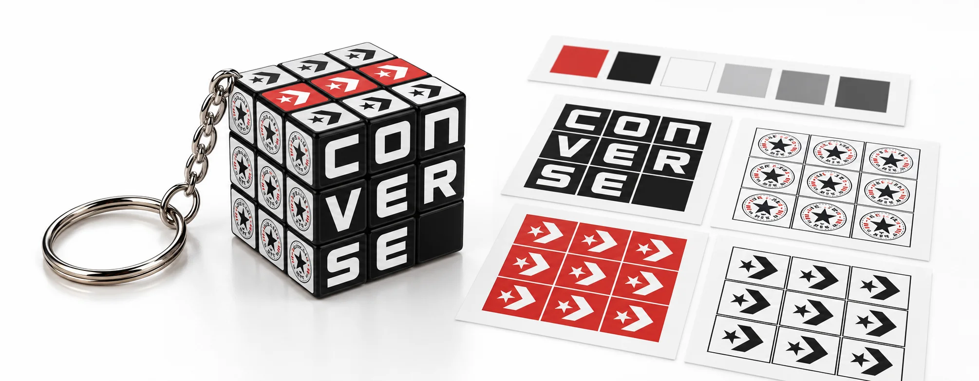 Customization and branding options showing vector artwork templates next to a custom mini rubiks cube keychain