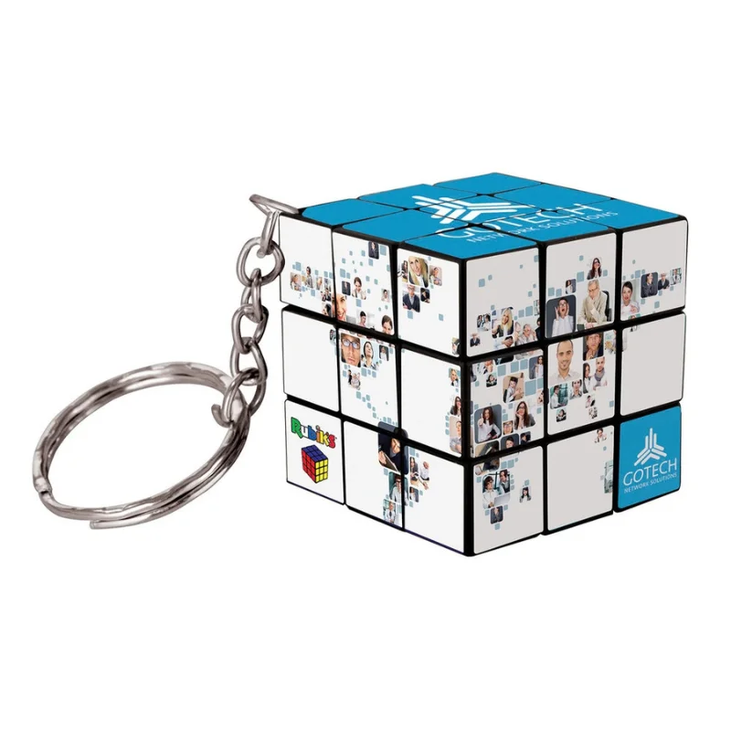 Single custom mini rubiks cube keychain displaying individual photo and logo printing across puzzle panels