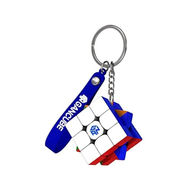 Custom mini rubiks cube keychain equipped with an additional branded strap and metal lanyard attachment