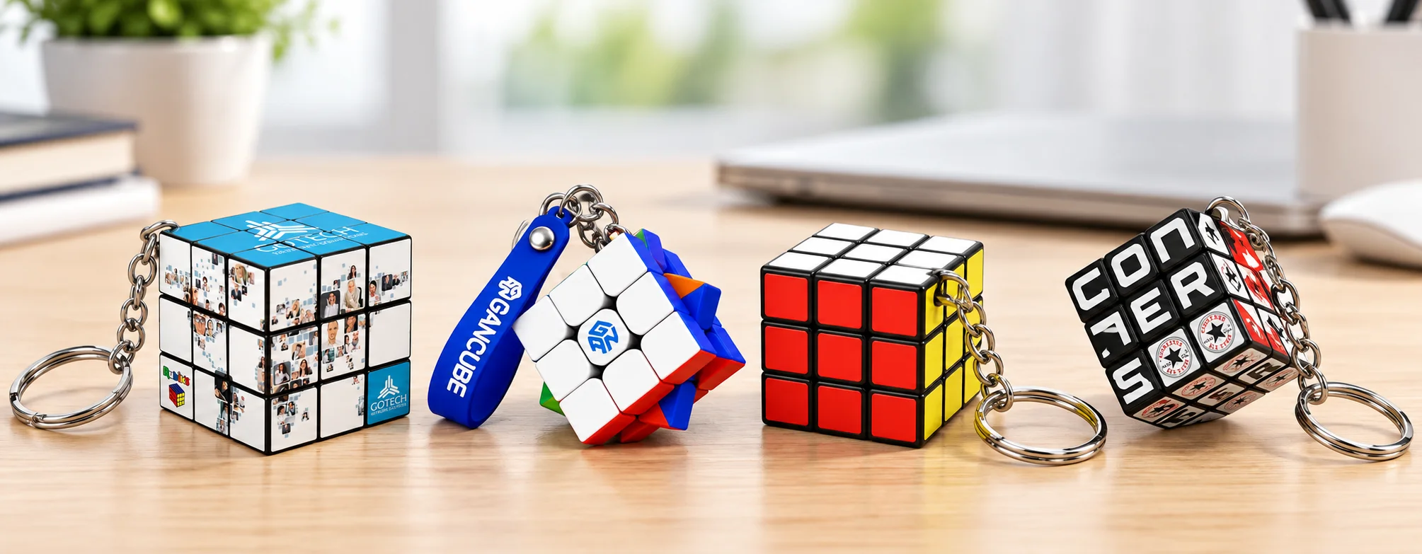 Wide introduction banner showing a custom mini rubiks cube keychain on a minimalist wooden desk 