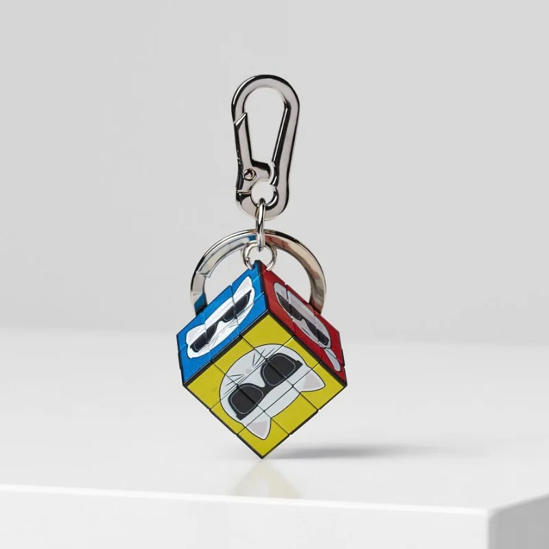 Custom mini rubiks cube keychain displayed with individual retail presentation packaging and gift boxes