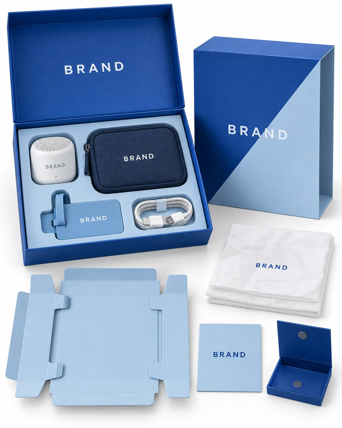 Custom packaging options with fitted insert and branded promotional products