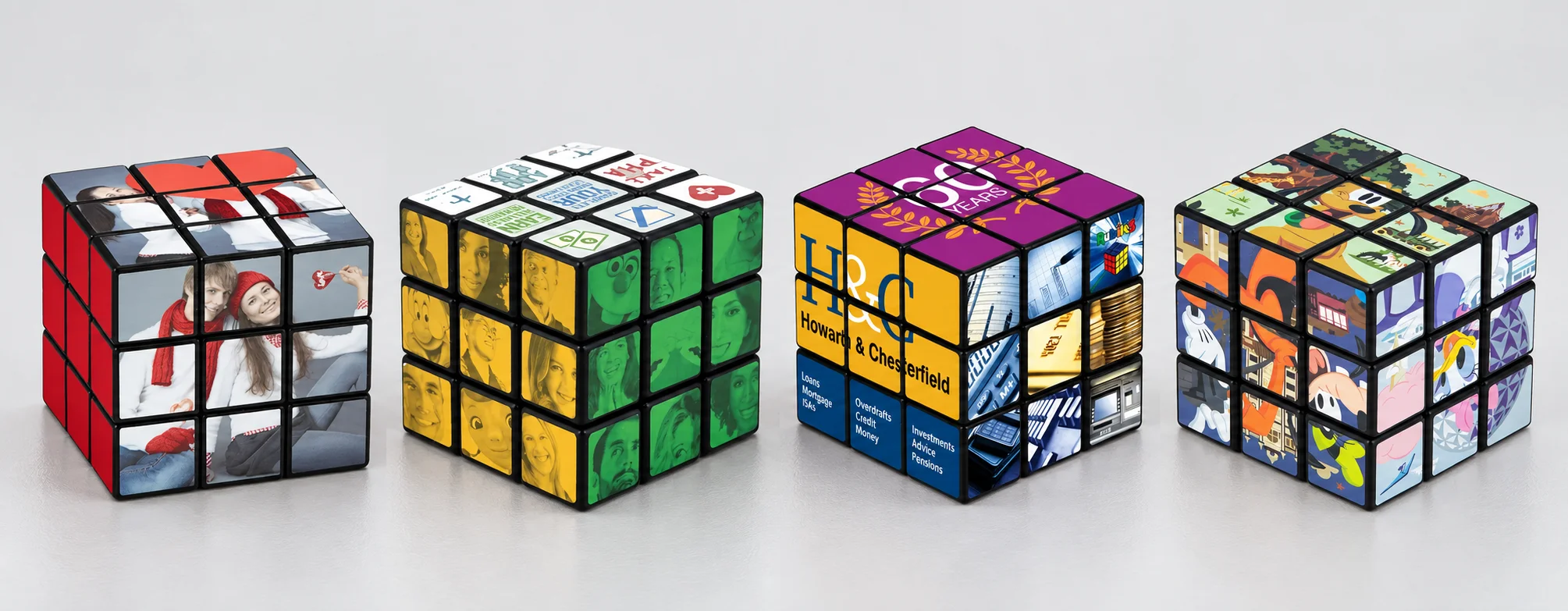 Custom photo 3x3 rubiks cube hero banner displaying full-color custom photo printing on a minimalist desk