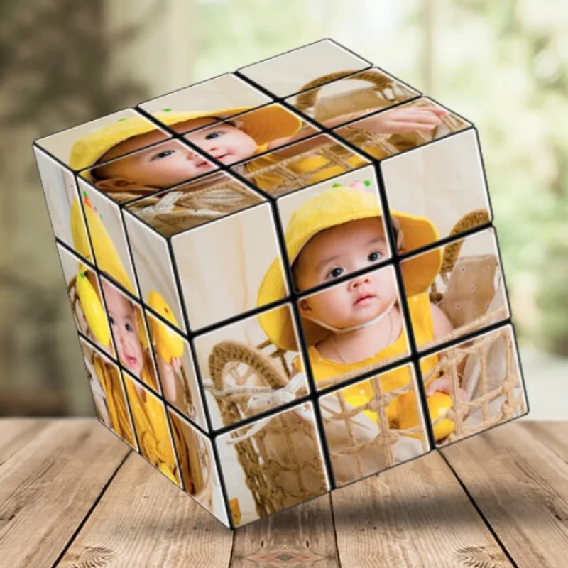 Custom photo 3x3 rubiks cube hero view displaying full-color family memories printed across the puzzle faces