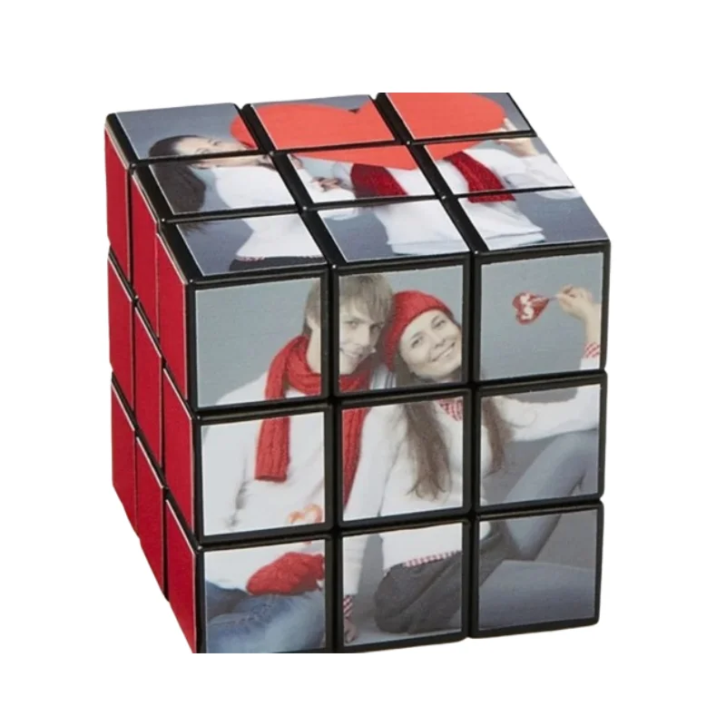 Multi-side view of a custom photo 3x3 rubiks cube featuring different personal photographs printed on each face