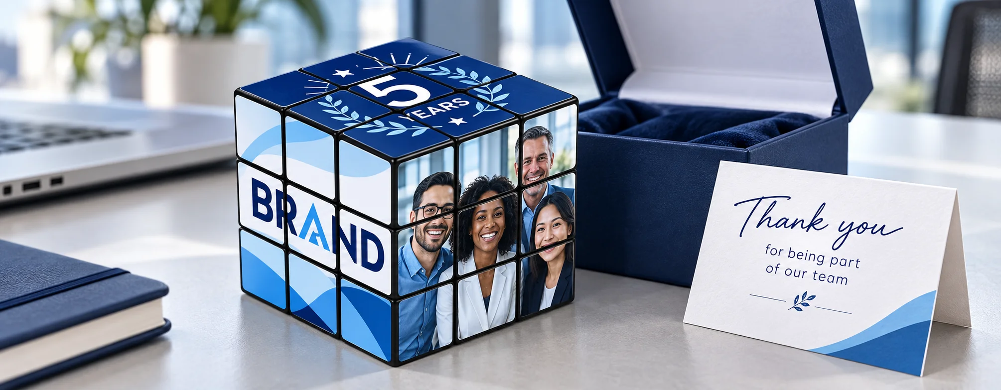 Custom photo 3x3 rubiks cube used for corporate gifting, employee appreciation, and marketing events 