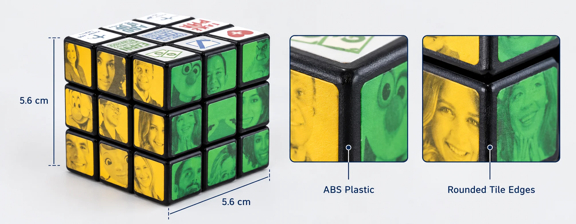 Product specifications view of a custom photo 3x3 rubiks cube highlighting durable ABS plastic and precision size
