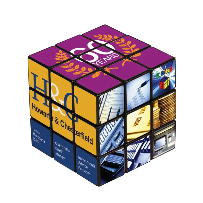 Custom photo 3x3 rubiks cube displayed alongside individual retail gift box packaging