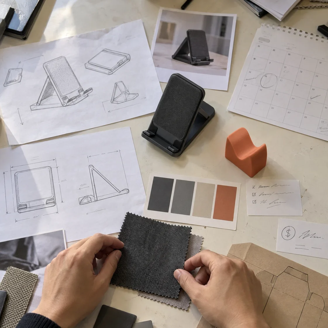 Custom product design brief with reference files, specifications, branding, quantity, budget and delivery requirements.