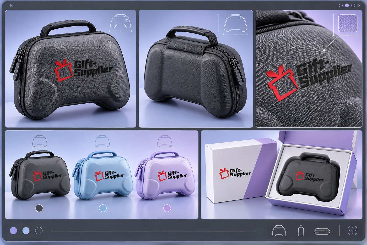 Custom product mockup views showing Gift Supplier logo placement and packaging