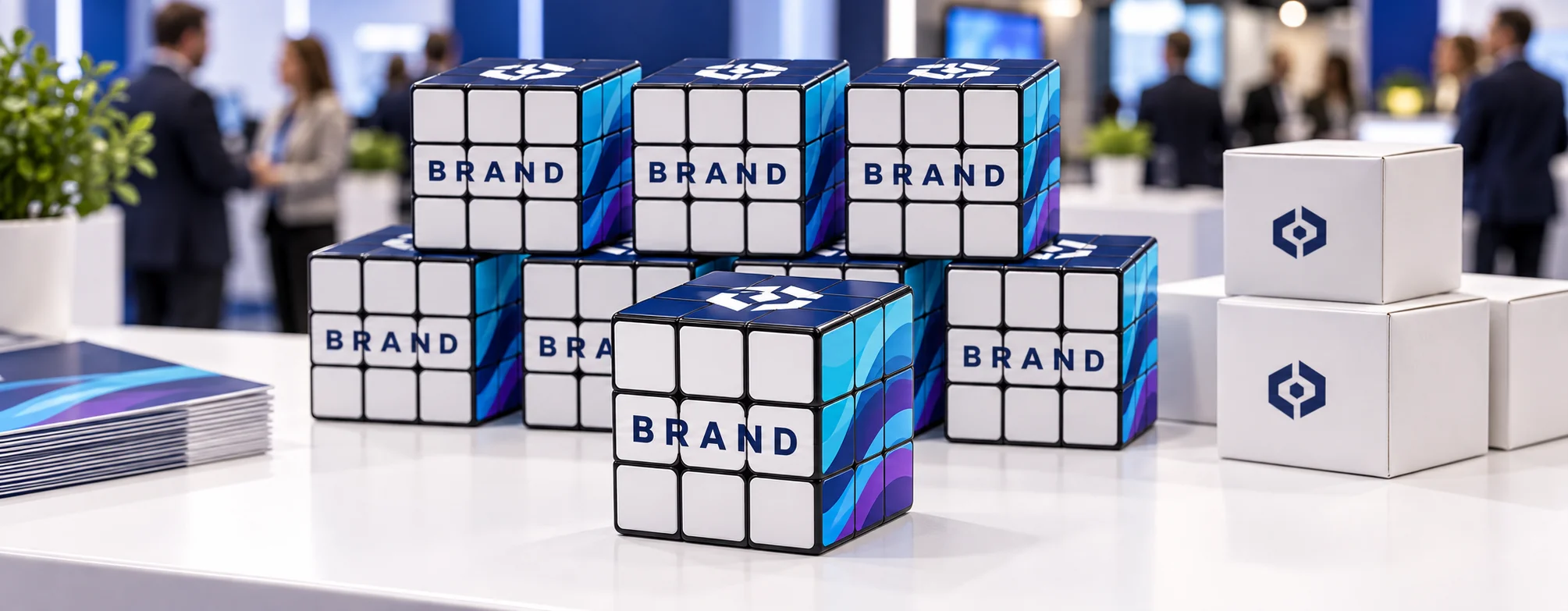 Stack of custom promotional 3x3 rubiks cubes used as corporate giveaways on a trade show booth table 