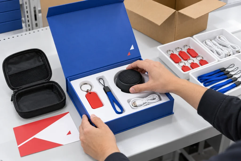 Promotional products and accessories assembled into a fitted custom gift box