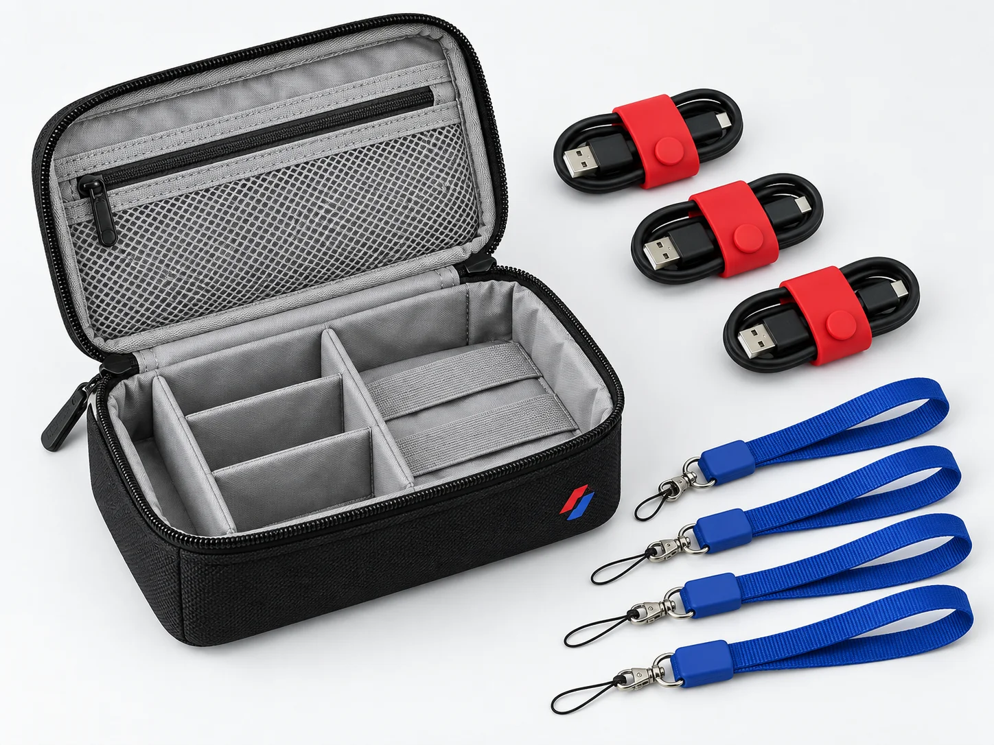 Custom zippered pouch with promotional cable organizers and phone straps